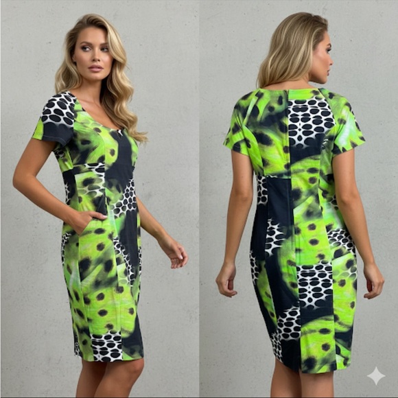 Doris Megger Luxury Neon Leopard Sheath Dress Curvy-friendly Size 42 (US 10/12)